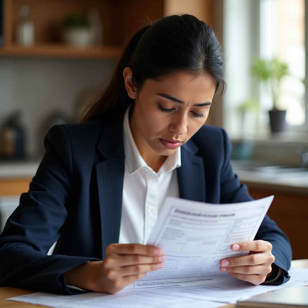 Person carefully reading a French tax form at a desk with a concerned but focused expression