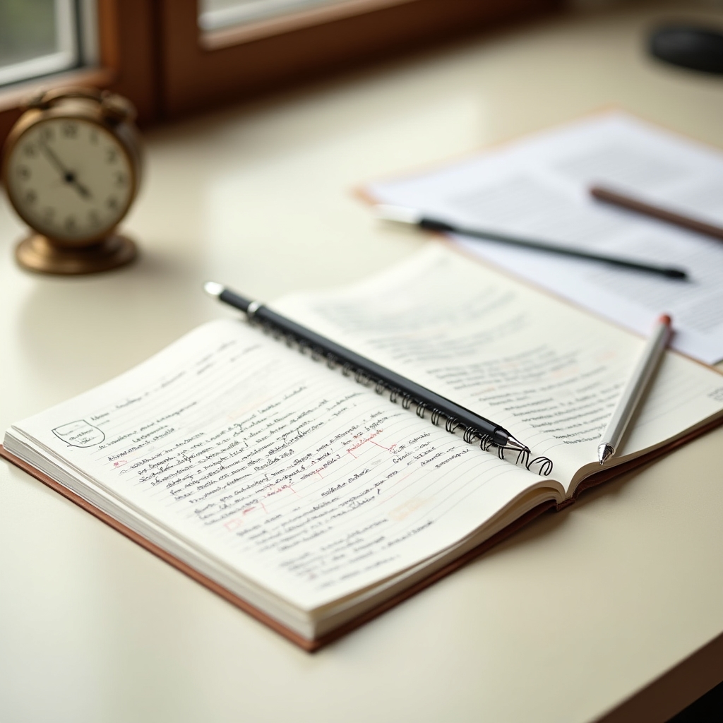 Clean editorial workspace with open documents, a pen, and a notepad, representing careful review and editorial standards in a warm, professional setting