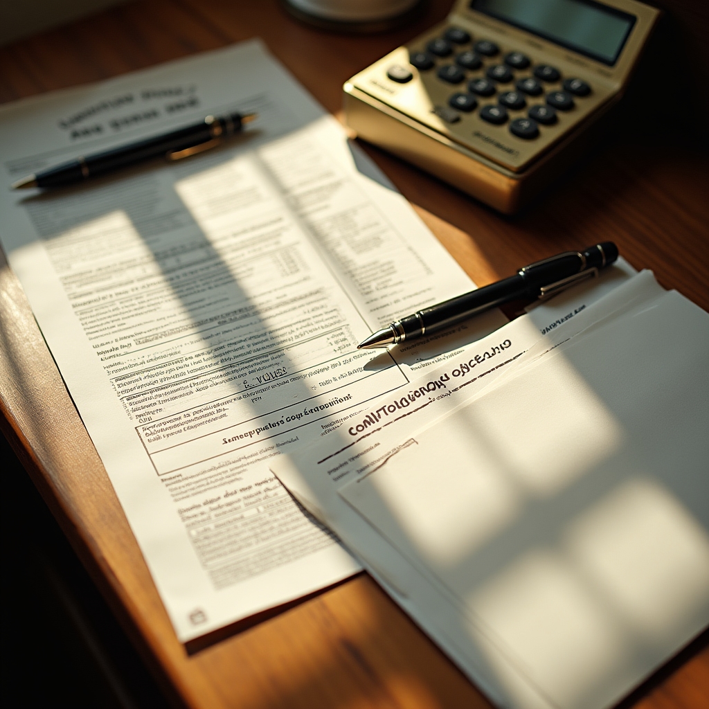 French tax declaration documents spread across a desk with a pen and calculator