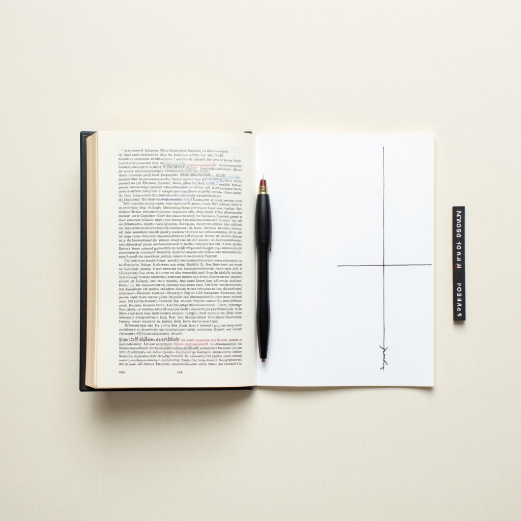 Clean desk with a single open book and a clear dividing line drawn on paper, symbolizing educational scope and clear boundaries