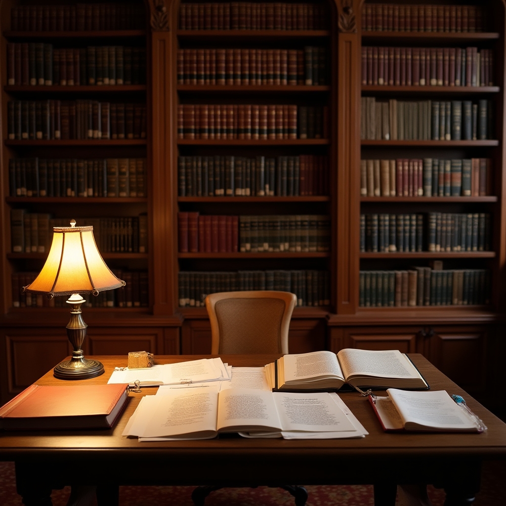 Well-organized library with tax reference books and official documents, warm light, professional academic atmosphere