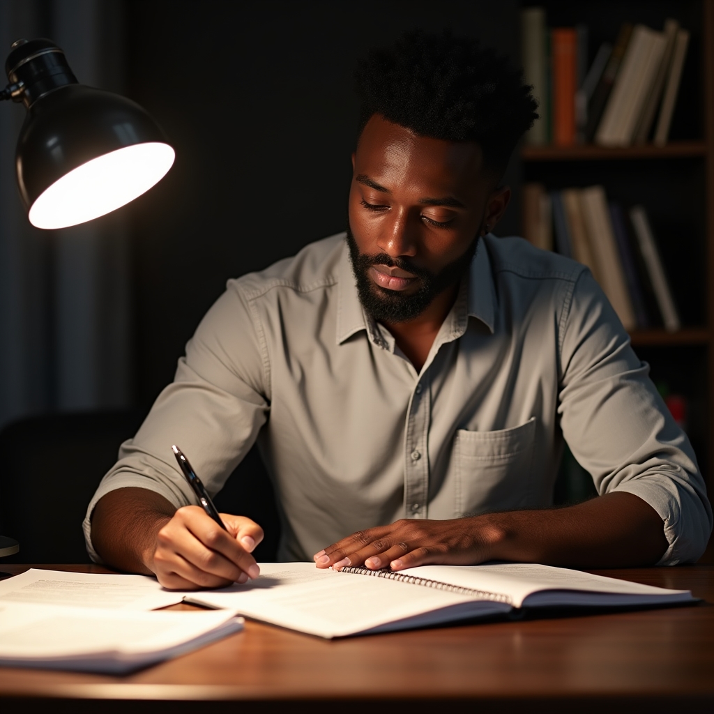 Person studying tax documents at a well-lit wooden desk, surrounded by open reference books, taking notes, focused and calm
